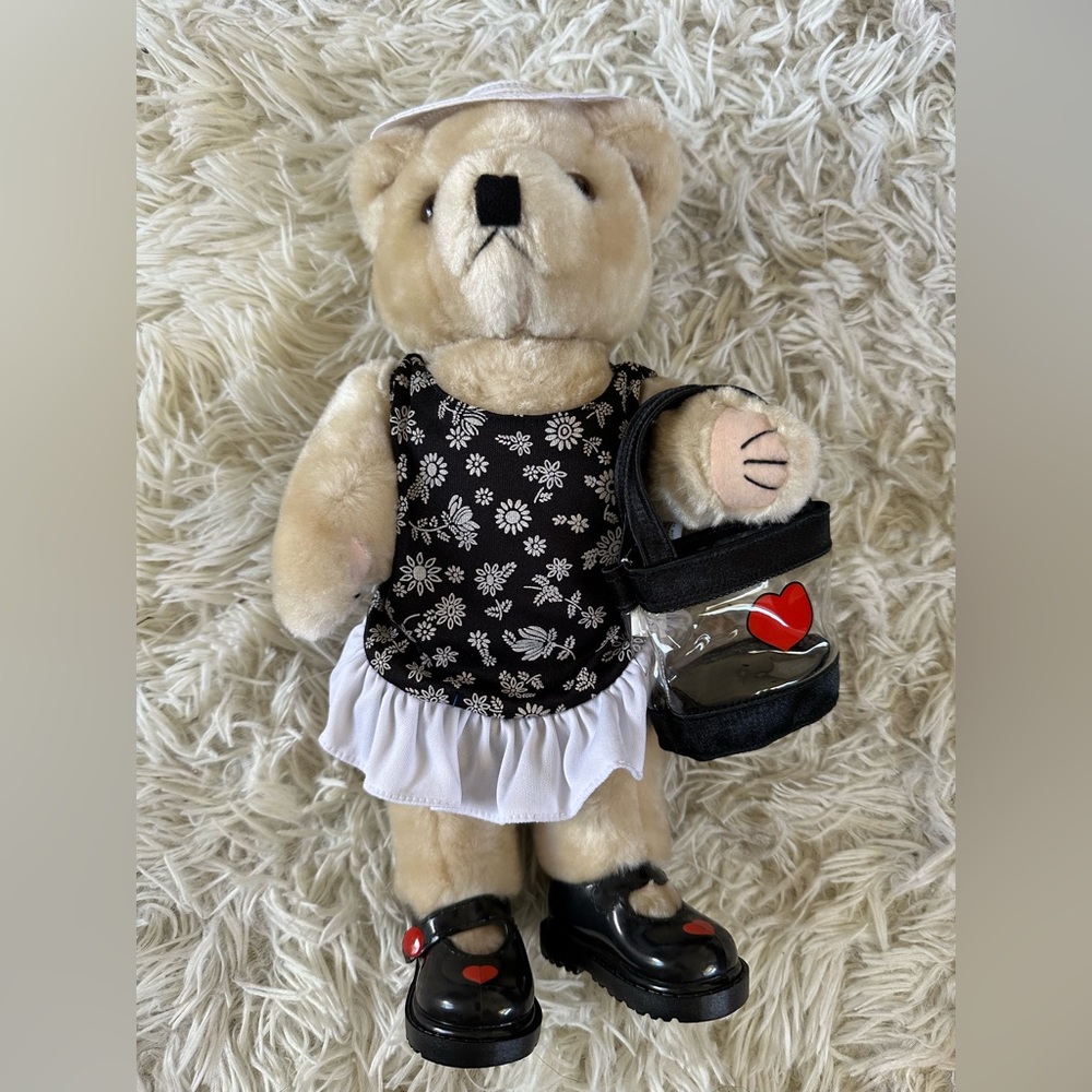 Pacifica Cream Teddy Bear with‎ Black Floral Dress